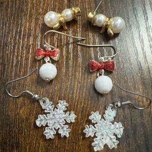 Lot of 3 Christmas Earrings Snowflake Faux Pearl Snowman Snowball Red Ribbon